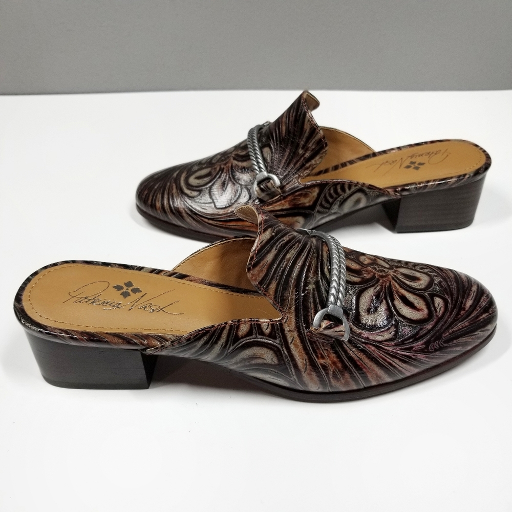 Patricia Nash Dark Brown Tooled Leather Slip-On Mules with Silver-Tone Accent